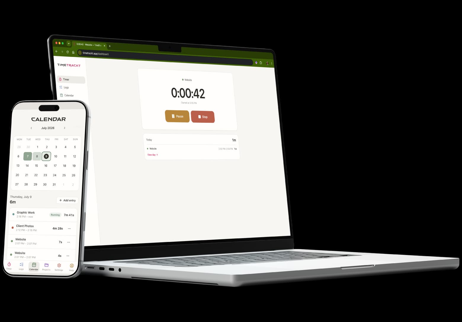 TimeTrackt running on a laptop, tablet, and phone